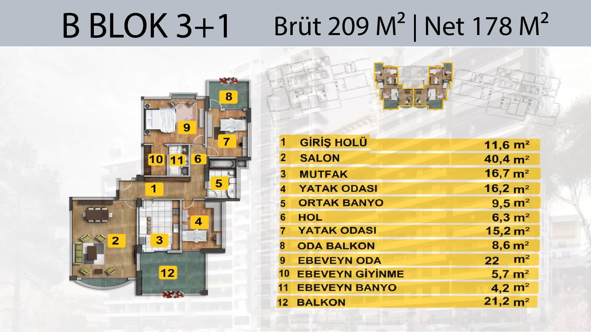 Supark 3+1 B Blok kat planı