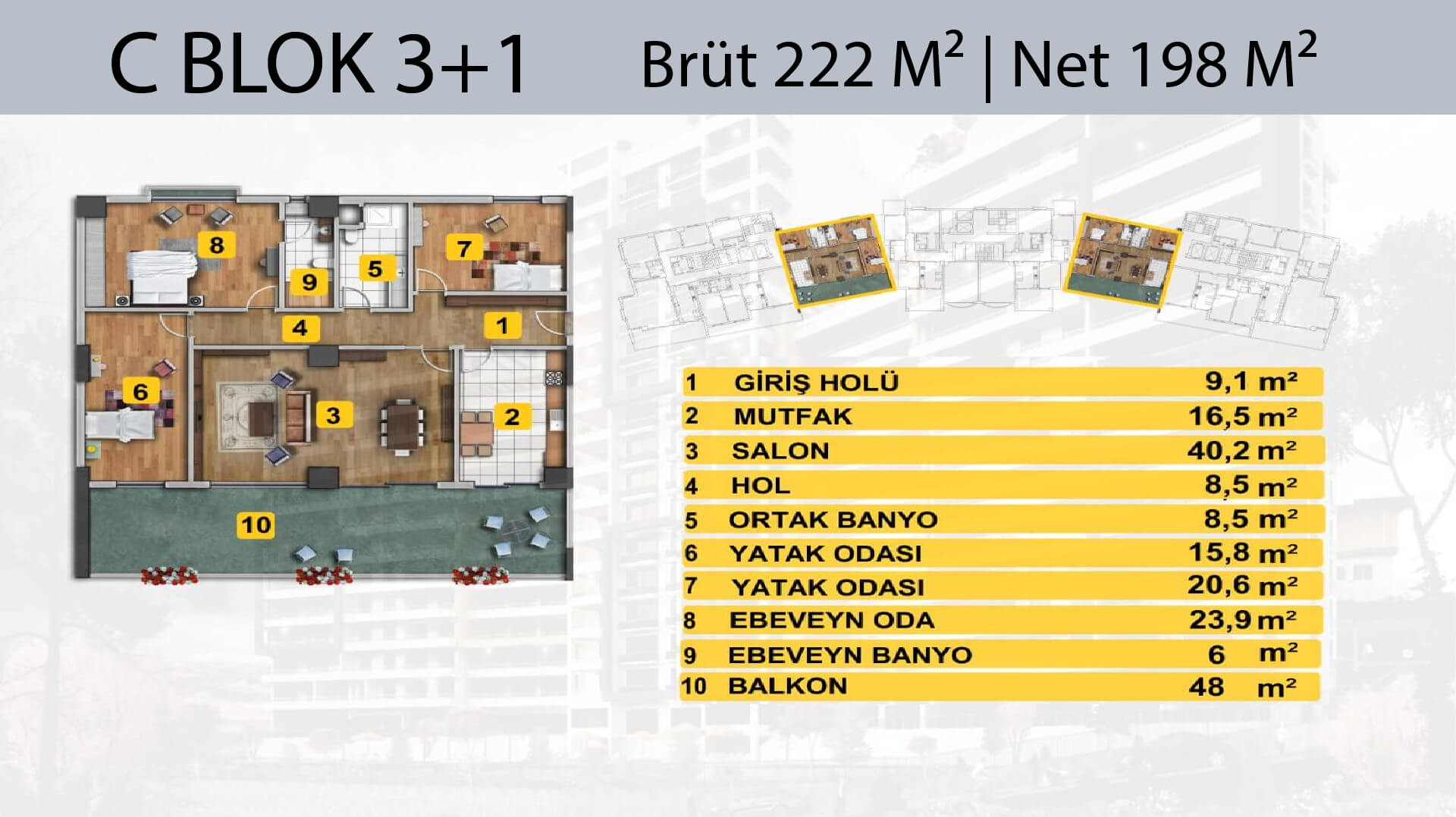 Supark 3+1 A ve C Blok kat planı